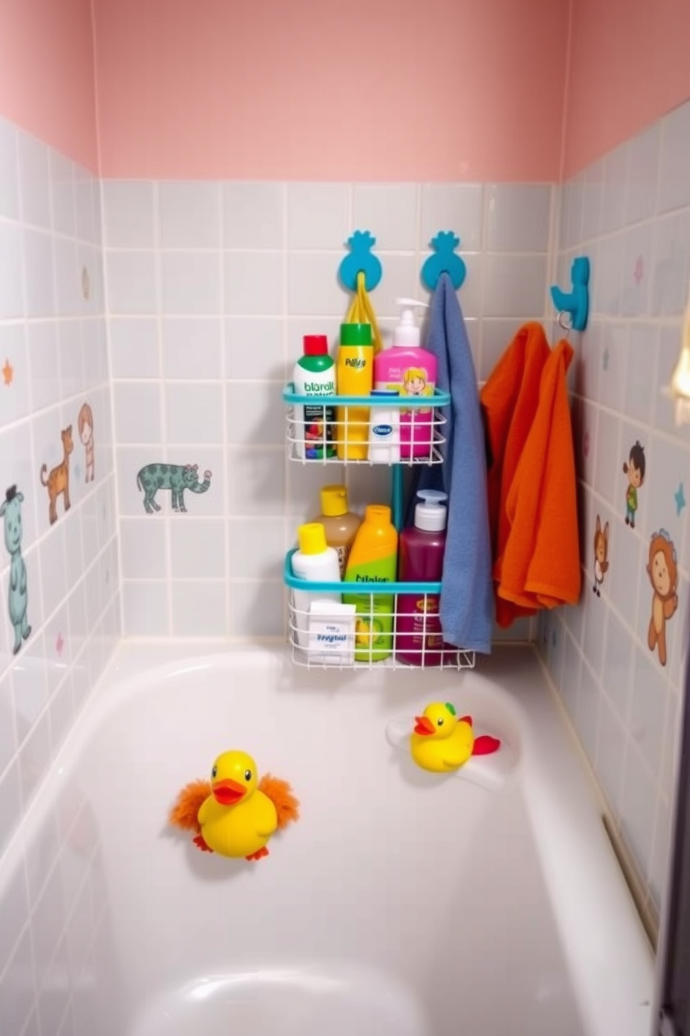 A vibrant shower caddy filled with an array of colorful bath products sits neatly in the corner of the kids bathroom. The walls are painted in a cheerful pastel hue, and playful decals of cartoon characters adorn the tiles. Brightly colored towels hang from hooks shaped like animals, adding a whimsical touch to the space. A rubber duck and other fun bath toys are strategically placed around the tub for easy access during bath time.