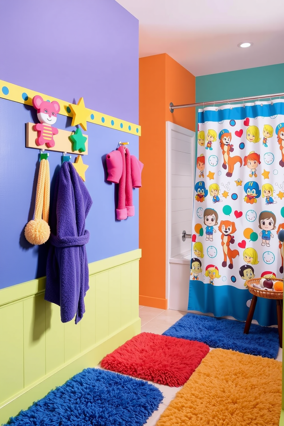 Playful bathrobe hooks are mounted at child-friendly heights, featuring fun shapes like animals and stars. The walls are painted in bright colors with playful patterns, creating a cheerful and inviting atmosphere. The bathroom includes a vibrant shower curtain adorned with cartoon characters, adding a whimsical touch. Soft, plush rugs in coordinating colors provide comfort and warmth underfoot, making the space both functional and fun.