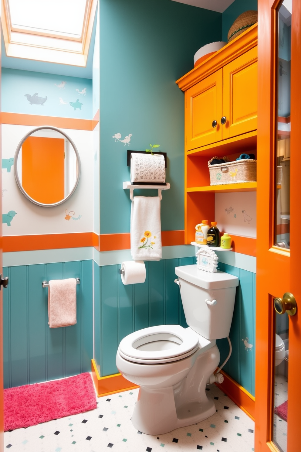 Brightly painted cabinetry in vibrant hues creates a cheerful and energetic atmosphere in the kids bathroom. The space features playful accessories and fun wall decals, making it a delightful retreat for children.