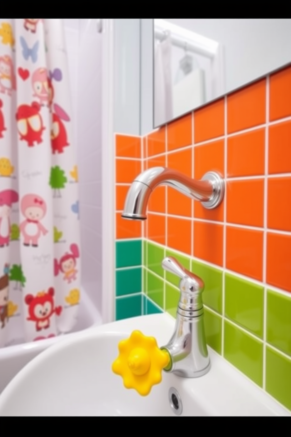 A playful bathroom setting designed for kids. The faucet features easy controls, designed for little hands, with colorful accents that make it fun and engaging. Brightly colored tiles line the walls, creating a cheerful atmosphere. A whimsical shower curtain with cartoon characters adds a touch of personality to the space.