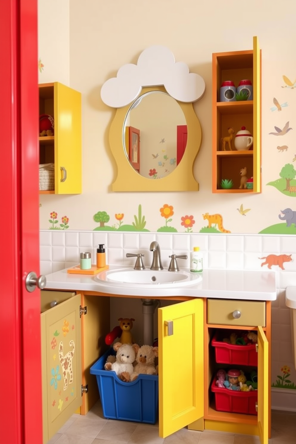 A whimsical kids bathroom featuring creative storage solutions under the sink. The cabinetry is painted in bright colors with playful patterns and includes pull-out bins for toys and essentials. Above the sink, a fun mirror shaped like a cloud adds a cheerful touch. Colorful wall decals of animals and nature scenes create an engaging atmosphere for children.