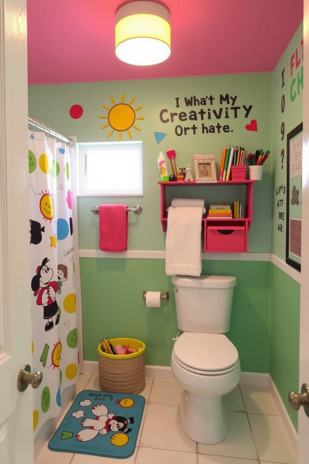 Interactive wall art that encourages creativity adorns the walls of a whimsical kids bathroom. Bright colors and playful designs engage young minds while complementing the cheerful ambiance of the space. The bathroom features a vibrant shower curtain with cartoon characters and a matching bath mat. Fun, easy-to-reach storage solutions are incorporated to keep art supplies organized and accessible for little ones.