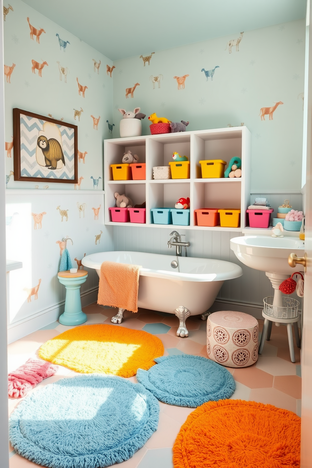 A whimsical kids bathroom designed with soft pastel colors. The walls are adorned with playful animal patterns and the floor features colorful, non-slip tiles. A freestanding bathtub is surrounded by plush bath mats in cheerful hues. Fun storage solutions include open shelves filled with colorful bins for toys and bath essentials.