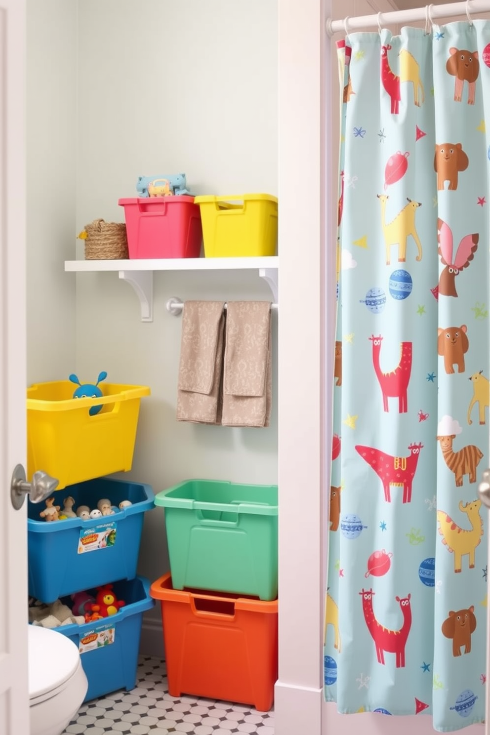 Brightly colored storage bins for toys are neatly arranged in a playful kids bathroom. The walls are painted in a cheerful pastel hue, and a whimsical shower curtain features fun animal prints.