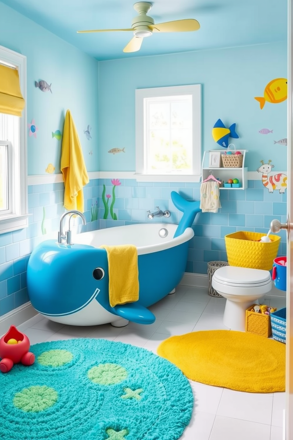 A whimsical kids bathroom featuring a uniquely shaped bathtub resembling a colorful whale. The walls are adorned with playful sea-themed murals, and bright, cheerful accessories complete the fun atmosphere. Incorporate a vibrant color palette with aqua blues and sunny yellows to create an inviting space. Soft, textured rugs provide comfort underfoot, while fun storage solutions keep toys organized and accessible.