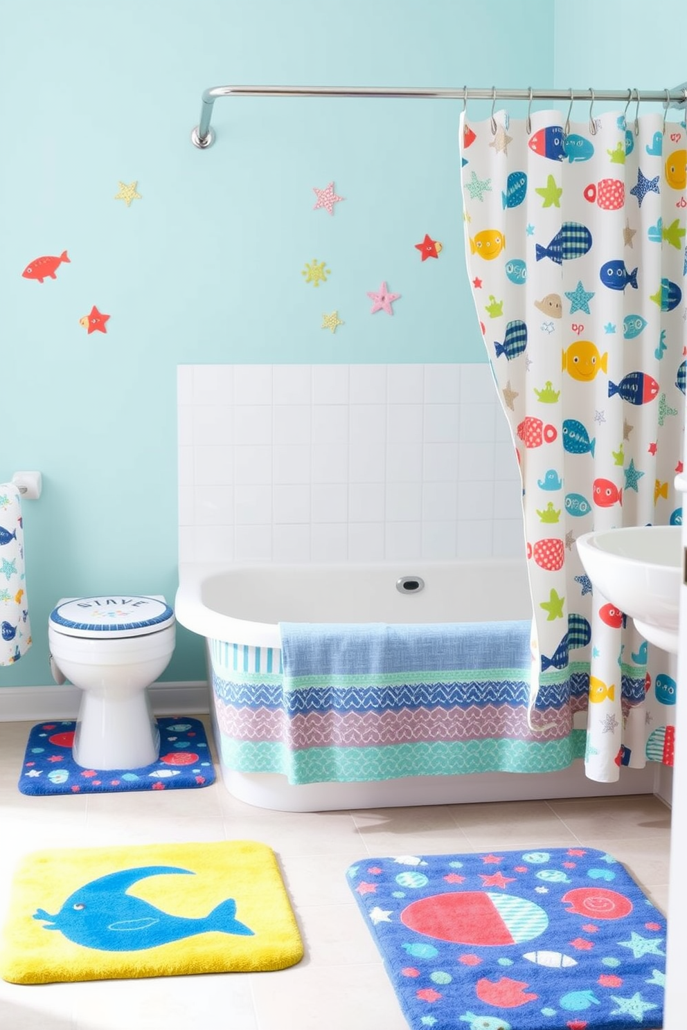 A playful and vibrant kids bathroom features fun patterned bath mats in bright colors and whimsical designs. The walls are adorned with cheerful decals of sea creatures, and the shower curtain complements the bath mats with matching patterns.