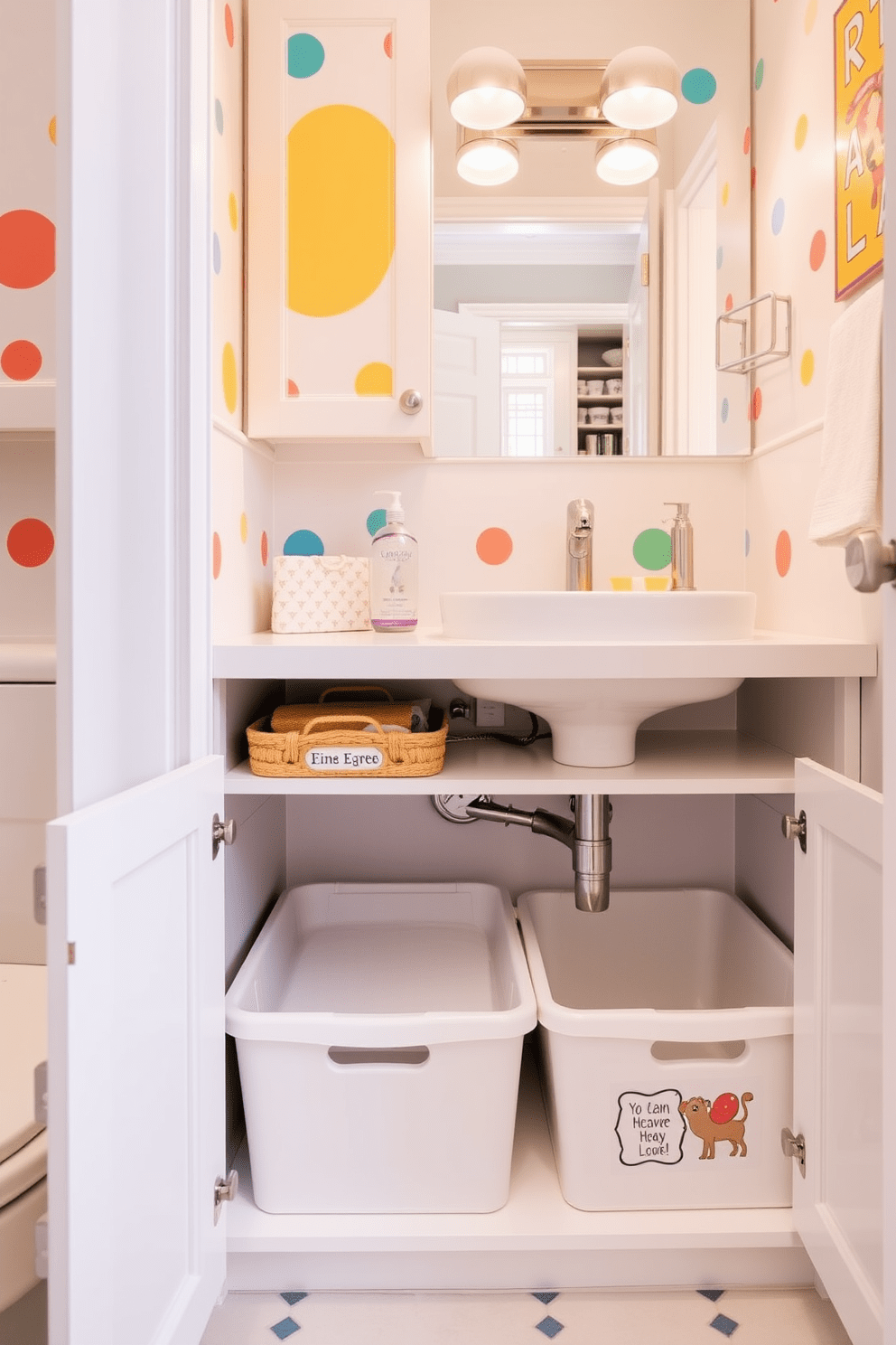 A playful kids bathroom featuring under-sink storage designed for easy access. The cabinetry is painted in bright colors with fun shapes, and the storage bins are labeled with playful graphics.