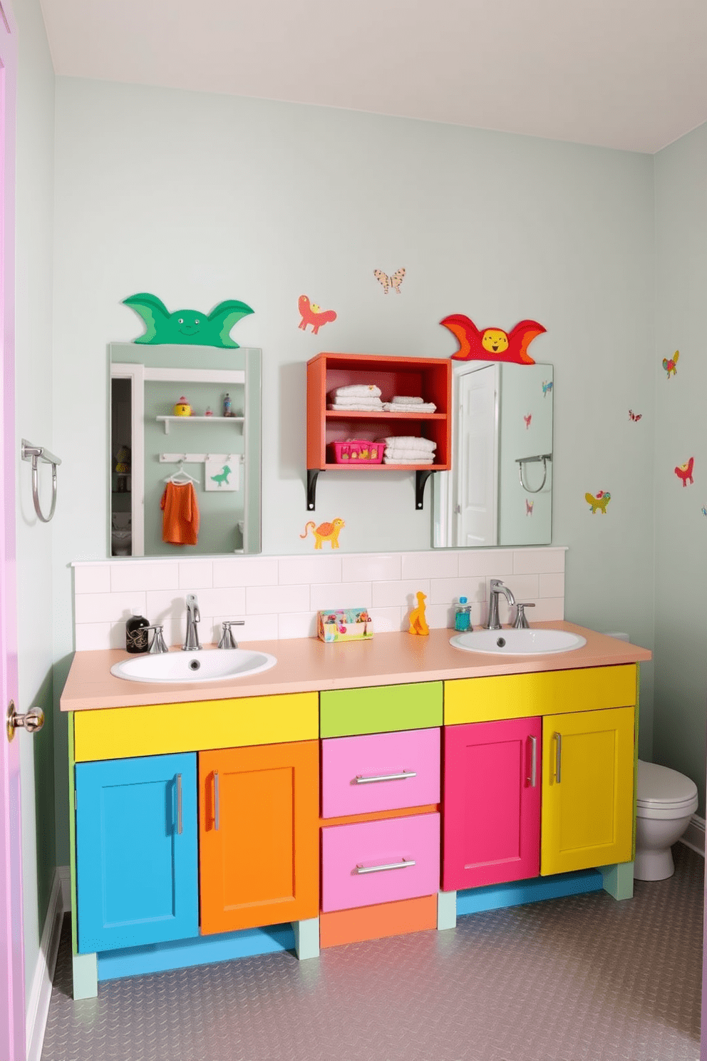 A playful kids bathroom designed for sibling harmony features a double sink vanity with colorful cabinetry. Above each sink, fun animal-themed mirrors enhance the cheerful atmosphere, while bright wall decals add a touch of whimsy. The walls are painted in a soft pastel hue, complemented by a non-slip rubber floor in a vibrant pattern. Storage solutions include open shelving for toys and towels, ensuring everything is within reach for little ones.