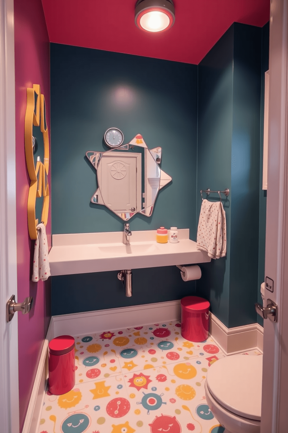 A whimsical kids bathroom featuring a creative mirror with fun shapes that reflect playful designs. The walls are painted in bright colors, and the flooring is adorned with cheerful patterns to create an inviting atmosphere.