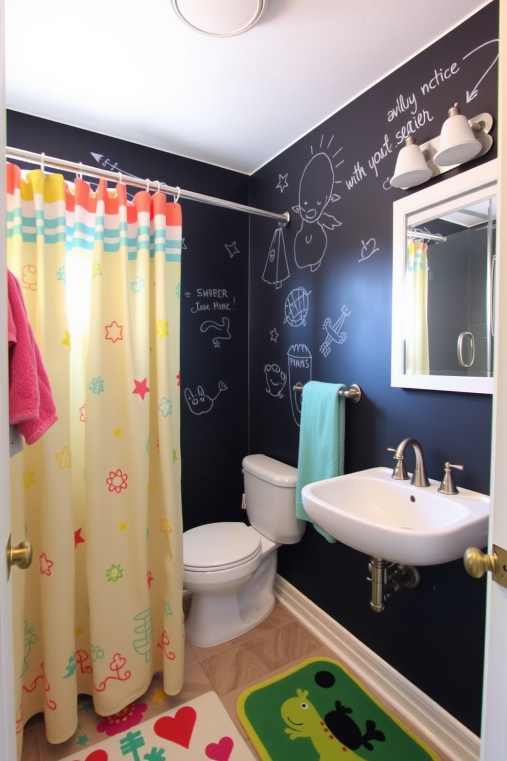 A vibrant kids bathroom featuring chalkboard paint on one wall, allowing for endless artistic expression. The space includes playful accessories like colorful towels, whimsical shower curtains, and a fun bath mat to create an inviting atmosphere.