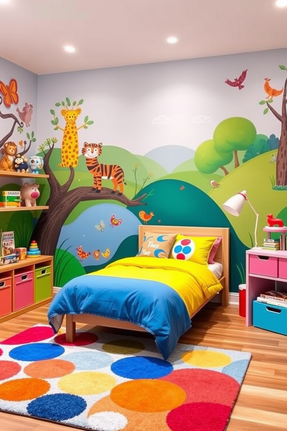 A whimsical kids bedroom featuring colorful wall murals that create a playful atmosphere. The walls are adorned with vibrant designs of animals and nature, sparking imagination and creativity. The room includes a cozy bed with bright bedding and playful throw pillows. A soft area rug in cheerful colors adds comfort, while shelves display toys and books to inspire play and learning.