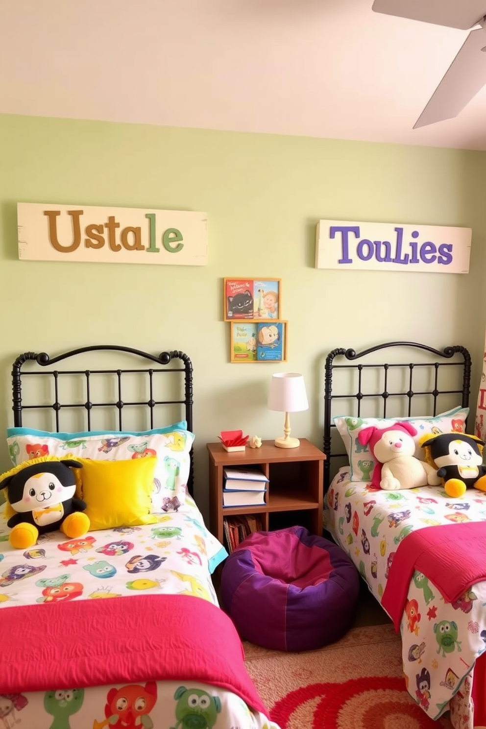 A whimsical kids bedroom filled with vibrant colors and playful decor. Above each bed, personalized name signs in fun fonts are mounted on the wall, adding a unique touch to the space. The bedding features cheerful patterns with cartoon characters, and plush toys are arranged neatly on the beds. A cozy reading nook with a small bookshelf and bean bags invites creativity and relaxation.