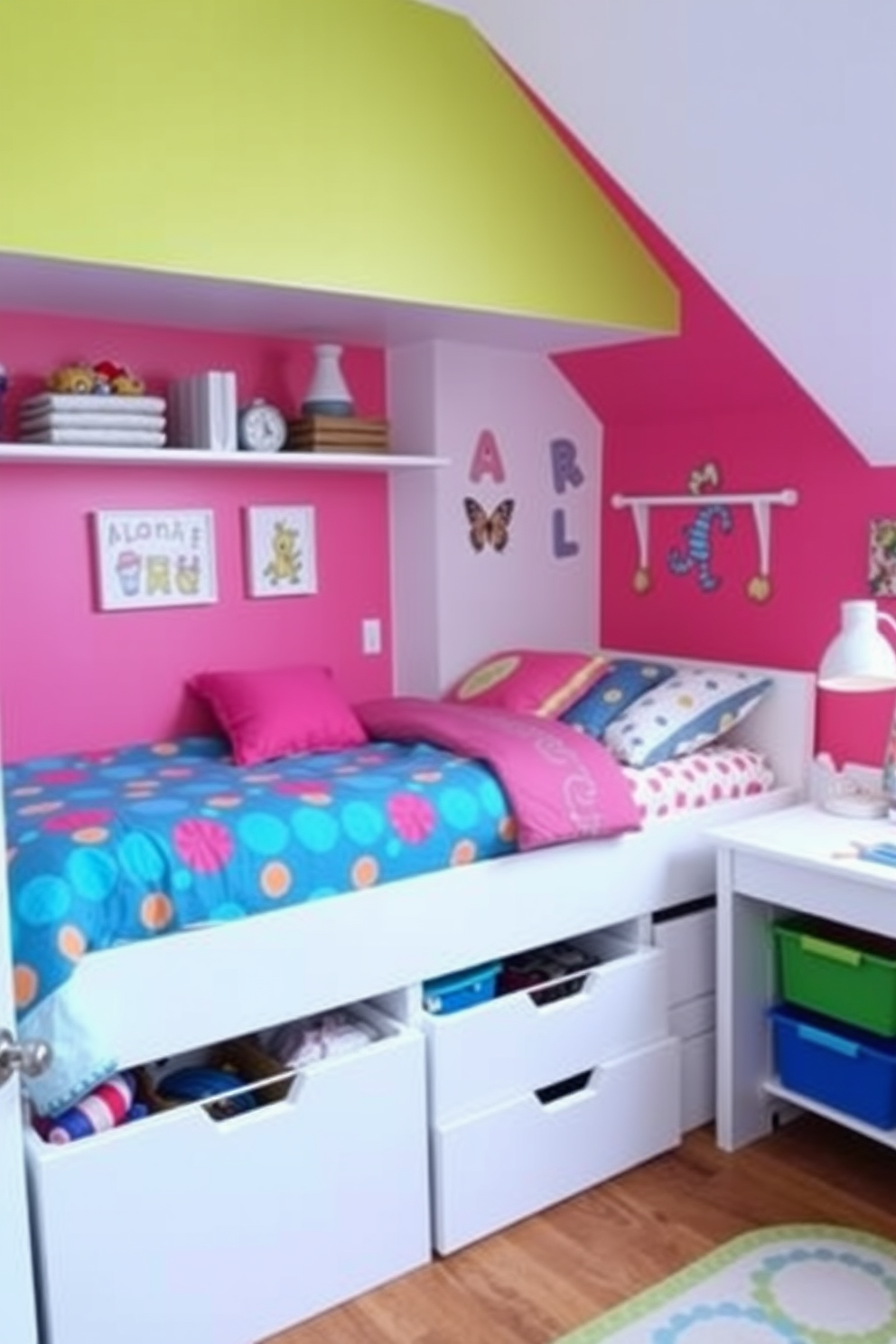 A cozy kids bedroom featuring a playful design with under-bed storage solutions. The room is decorated in bright colors with a fun theme, incorporating a bed with built-in drawers underneath for toys and clothes. The walls are adorned with cheerful artwork and the bedding is vibrant and inviting. A small desk with colorful storage bins is placed in the corner, creating a functional and inspiring study area.