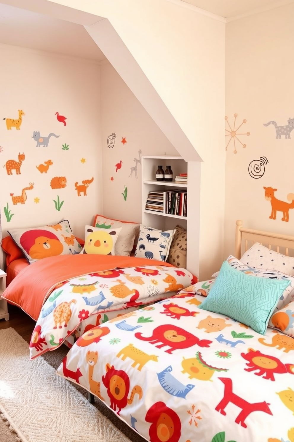 A whimsical kids bedroom featuring playful animal-themed bedding sets. The bedding showcases vibrant colors and fun animal prints, creating a cheerful atmosphere that sparks imagination. The walls are painted in a soft pastel hue, complemented by playful wall decals of various animals. A cozy reading nook with a small bookshelf and plush cushions adds a touch of comfort and creativity to the space.