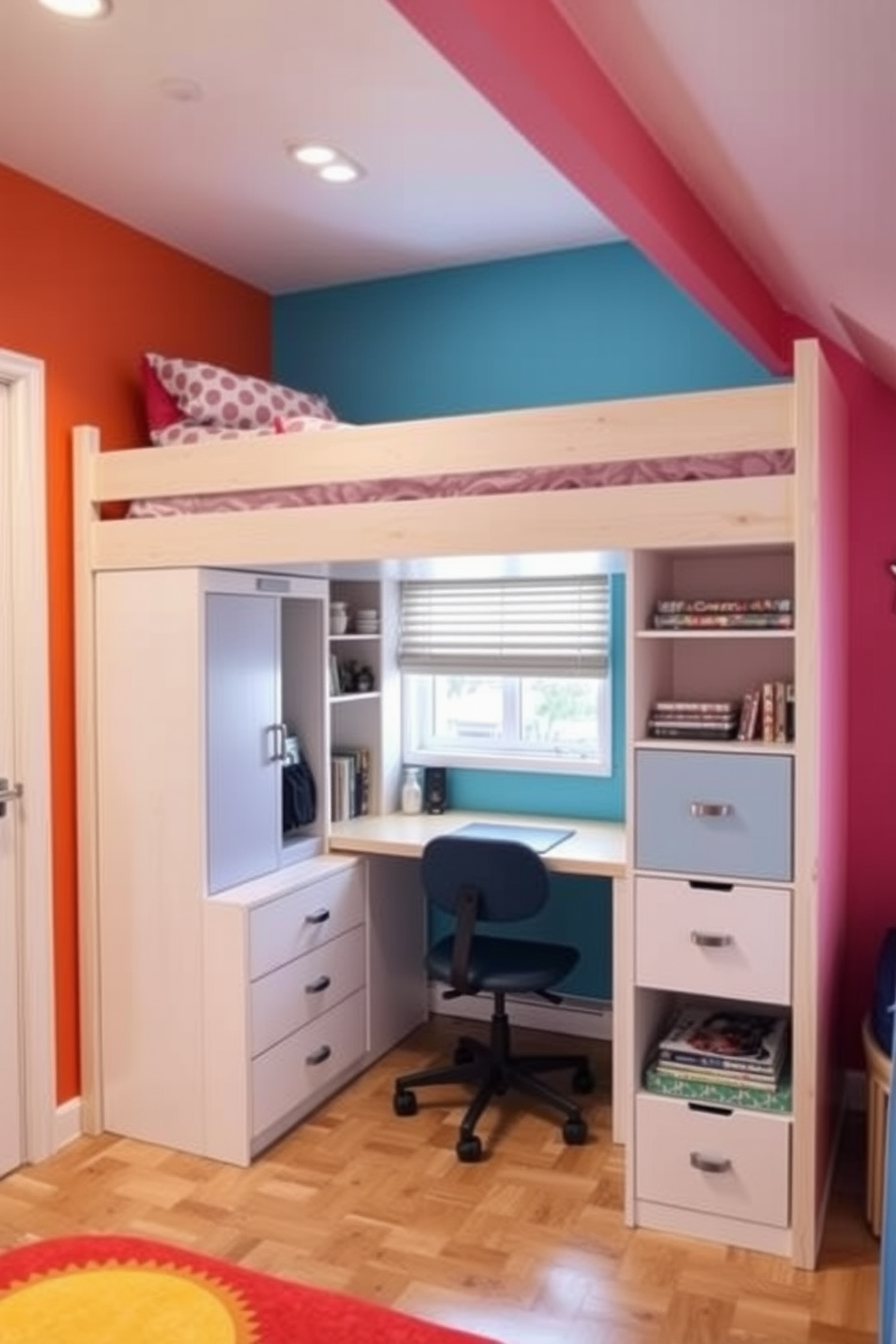 A cozy kids bedroom featuring multi-functional furniture that maximizes space. The room includes a loft bed with a desk underneath and built-in storage shelves on the sides. Bright colors adorn the walls, creating a playful atmosphere. A compact wardrobe doubles as a bookshelf, keeping the room organized and functional.