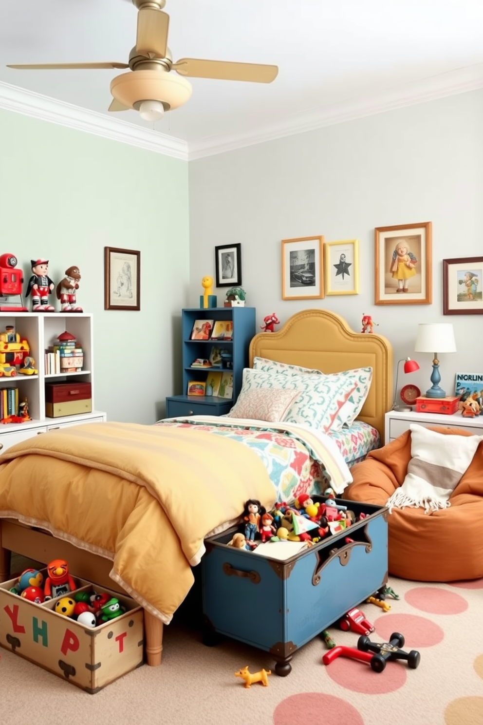 A whimsical kids bedroom filled with vintage toys as decorative accents. The room features a cozy bed with colorful bedding and a vintage toy chest overflowing with classic toys, creating a playful atmosphere. The walls are painted in soft pastel colors, adorned with framed pictures of vintage toys. A small reading nook with a bean bag chair and a bookshelf filled with children's books completes the charming space.