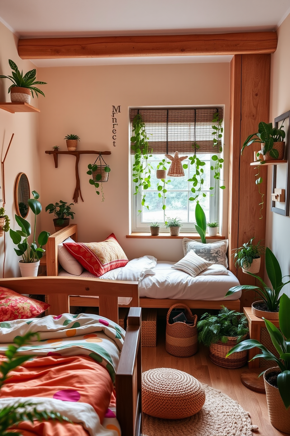 A cozy kids bedroom filled with nature-inspired decor. The walls are painted in soft pastel colors and adorned with wooden accents, creating a warm and inviting atmosphere. A variety of indoor plants are placed around the room, adding a touch of greenery and life. The bed features a wooden frame with colorful bedding, and a small reading nook is set up by the window with plush cushions and a bookshelf.