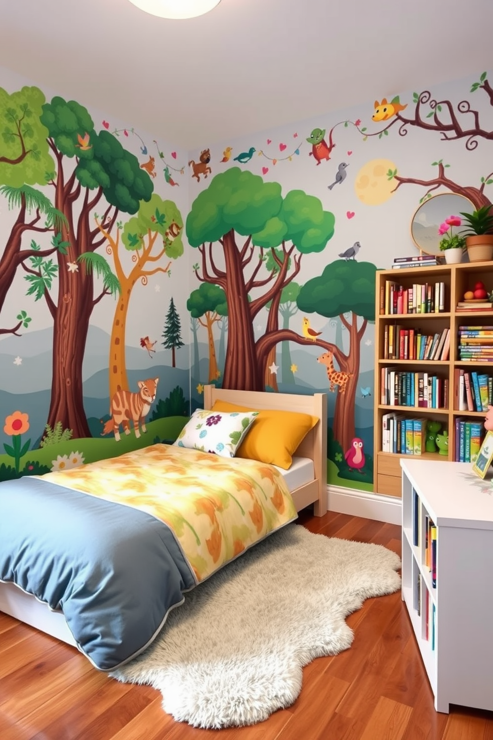 A whimsical kids bedroom filled with vibrant wall decals depicting enchanting forests and playful animals. The room features a cozy bed with colorful bedding, a plush rug on the wooden floor, and a bookshelf overflowing with storybooks.