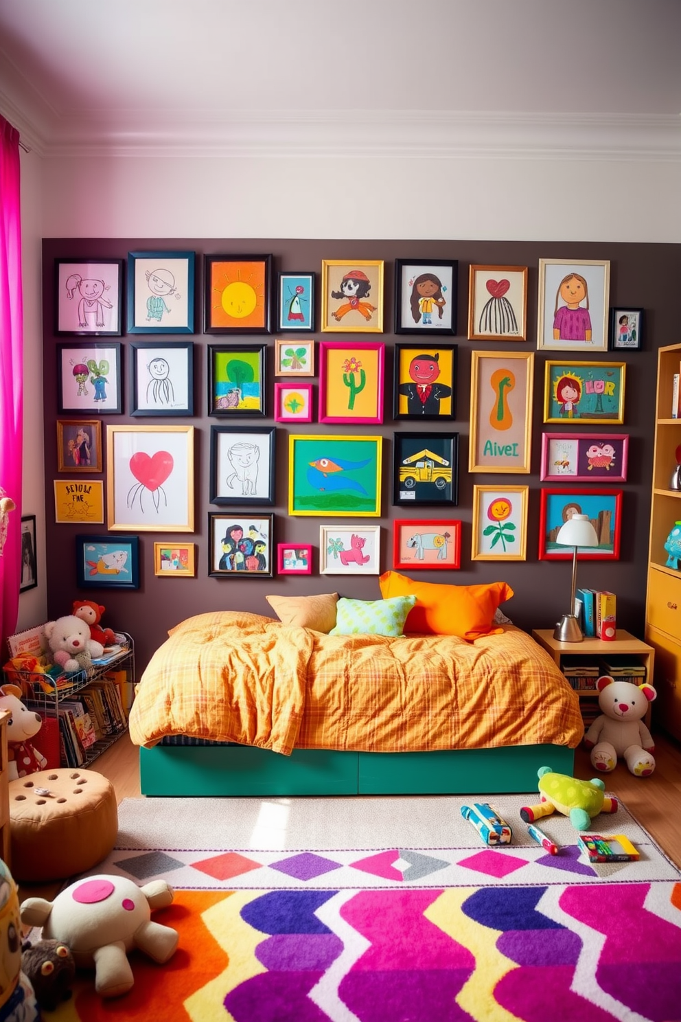 A vibrant kids bedroom featuring a playful artistic gallery wall filled with colorful framed artwork. The wall displays a mix of drawings, paintings, and photographs that inspire creativity and imagination. The room includes a cozy bed with bright bedding and a fun patterned rug on the floor. Soft toys and books are scattered around, creating a welcoming and playful environment for children.