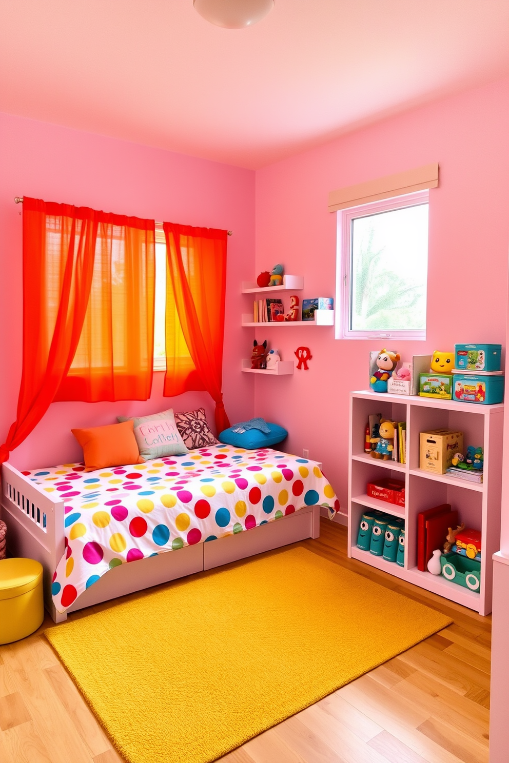 A playful kids bedroom filled with vibrant colors. The walls are painted in a soft pastel shade, and colorful curtains hang from the window, adding a cheerful touch to the space. A cozy bed with a fun patterned duvet cover is positioned against one wall. A bright area rug lies on the floor, and shelves filled with toys and books are neatly arranged, creating an inviting atmosphere.