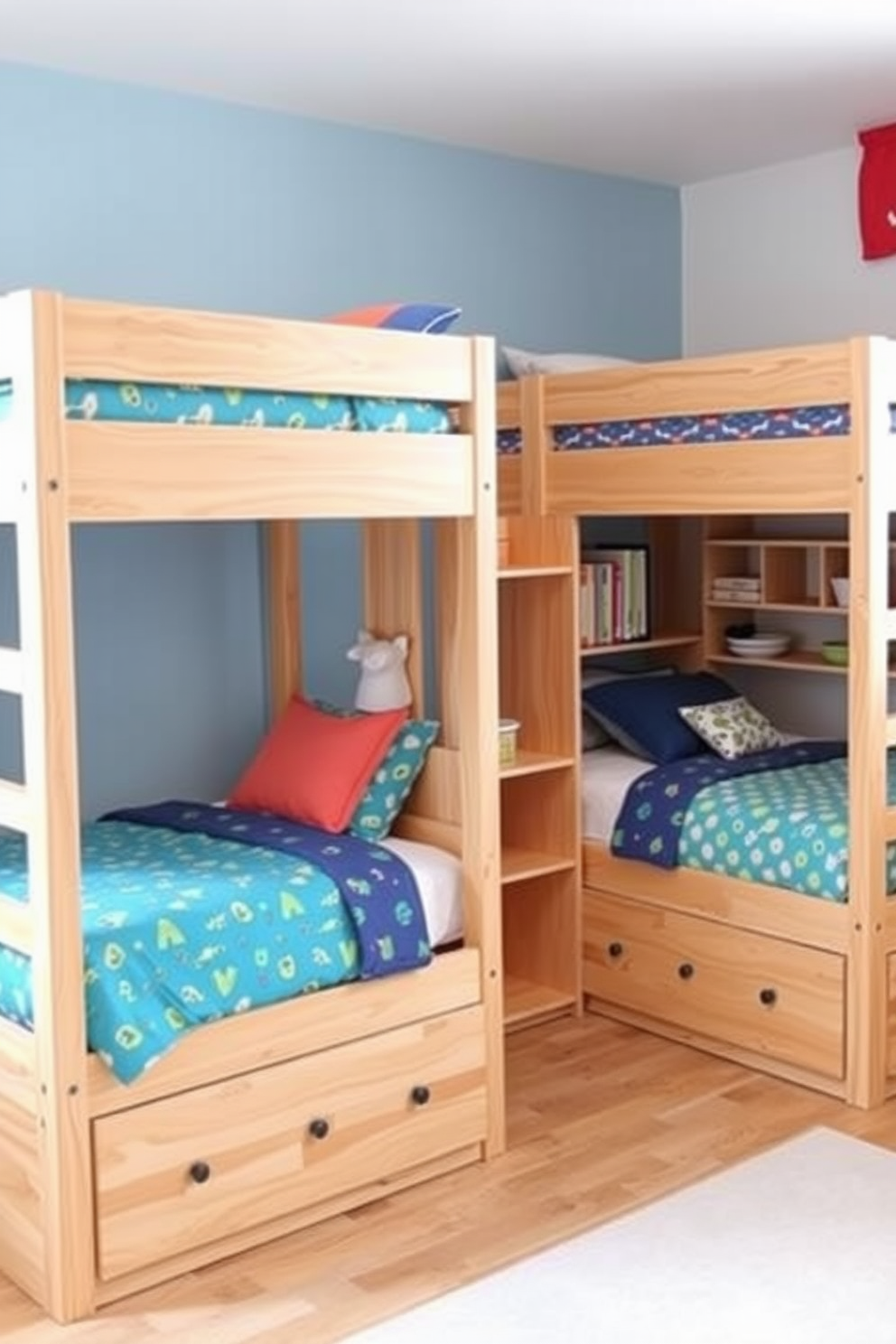 A playful kids bedroom featuring bunk beds with built-in storage options. The beds are crafted from light wood and adorned with colorful bedding, while shelves and drawers are seamlessly integrated into the design for easy organization.