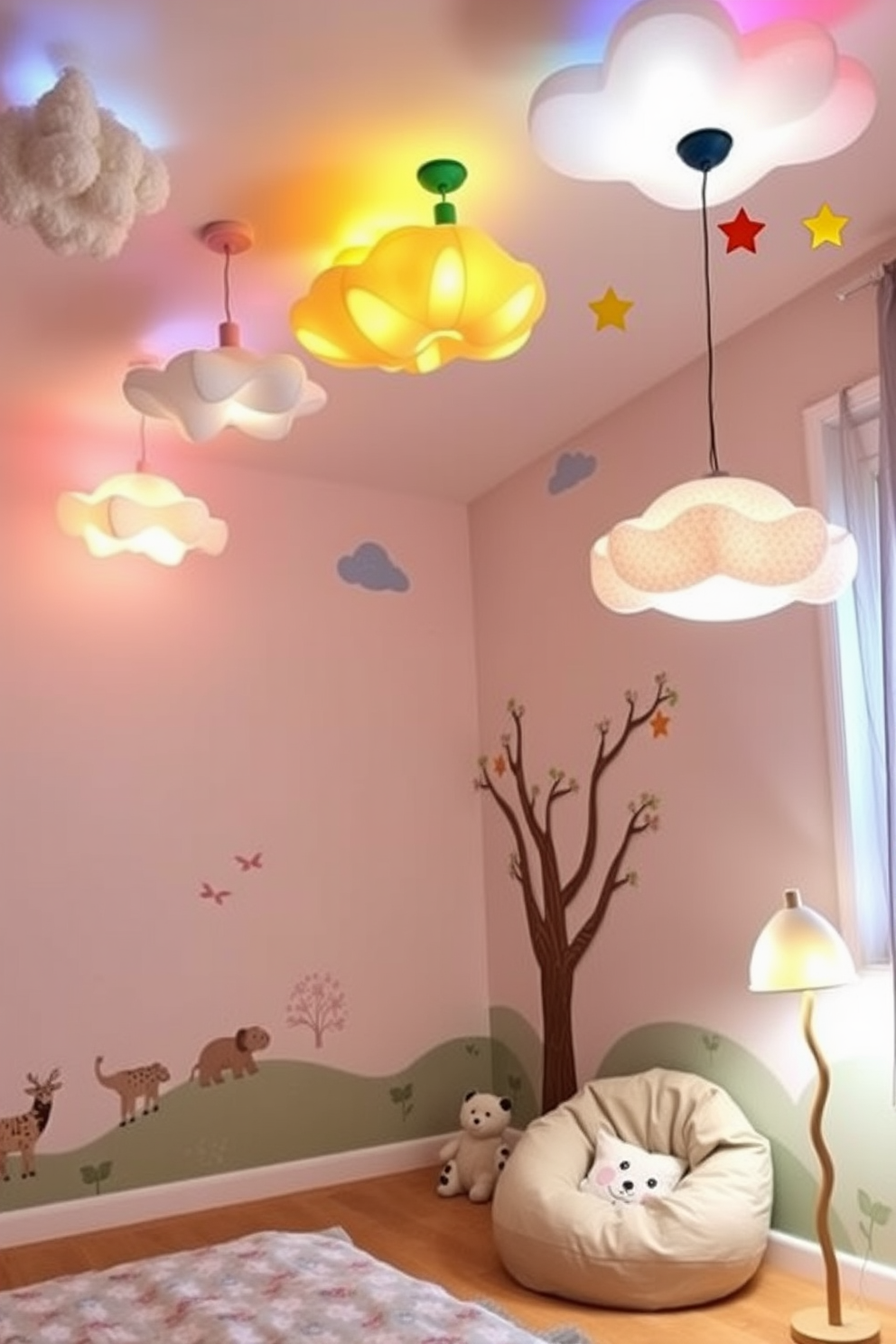 A whimsical kids bedroom featuring unique light fixtures that create a playful ambiance. The ceiling is adorned with colorful pendant lights shaped like clouds and stars, casting a warm glow throughout the room. The walls are painted in soft pastels with playful murals of animals and nature. A cozy reading nook with a bean bag chair is illuminated by a quirky floor lamp shaped like a tree, inviting creativity and imagination.