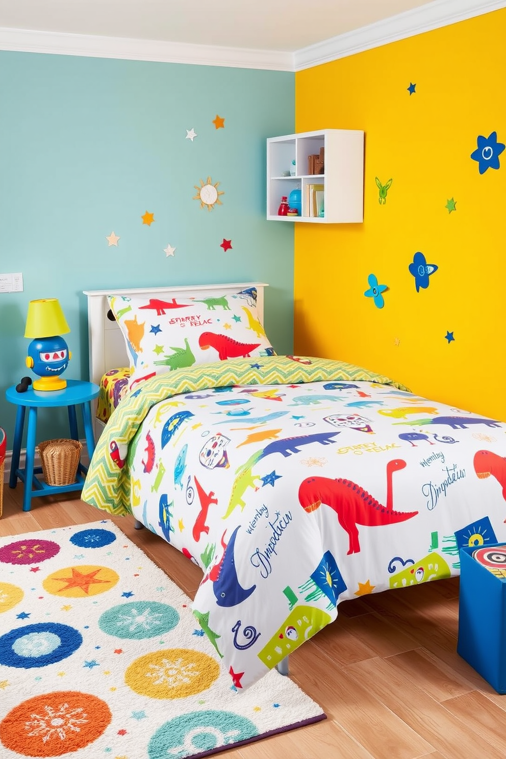 A vibrant kids bedroom featuring a themed bedding set with playful patterns and bright colors. The walls are adorned with whimsical decals, and a cozy area rug complements the bedding, creating a fun and inviting atmosphere. The bed is dressed with a colorful duvet cover and matching pillowcases that reflect the chosen theme, such as dinosaurs or outer space. A cheerful nightstand holds a small lamp shaped like a favorite character, adding a touch of personality to the space.