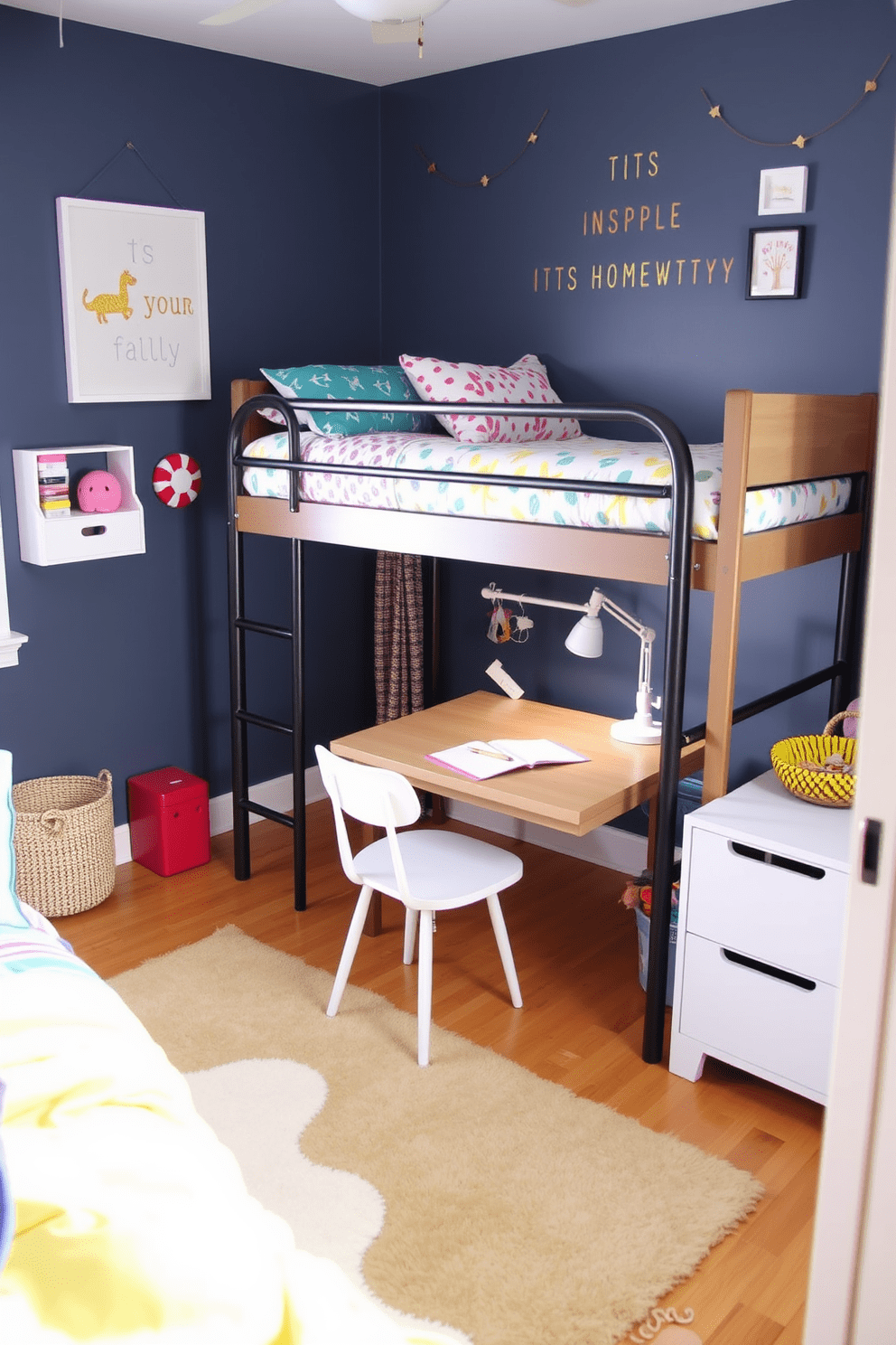 A cozy kids bedroom featuring a small desk designed for homework. The room includes a bunk bed with colorful bedding, a soft rug on the floor, and playful wall art that inspires creativity.