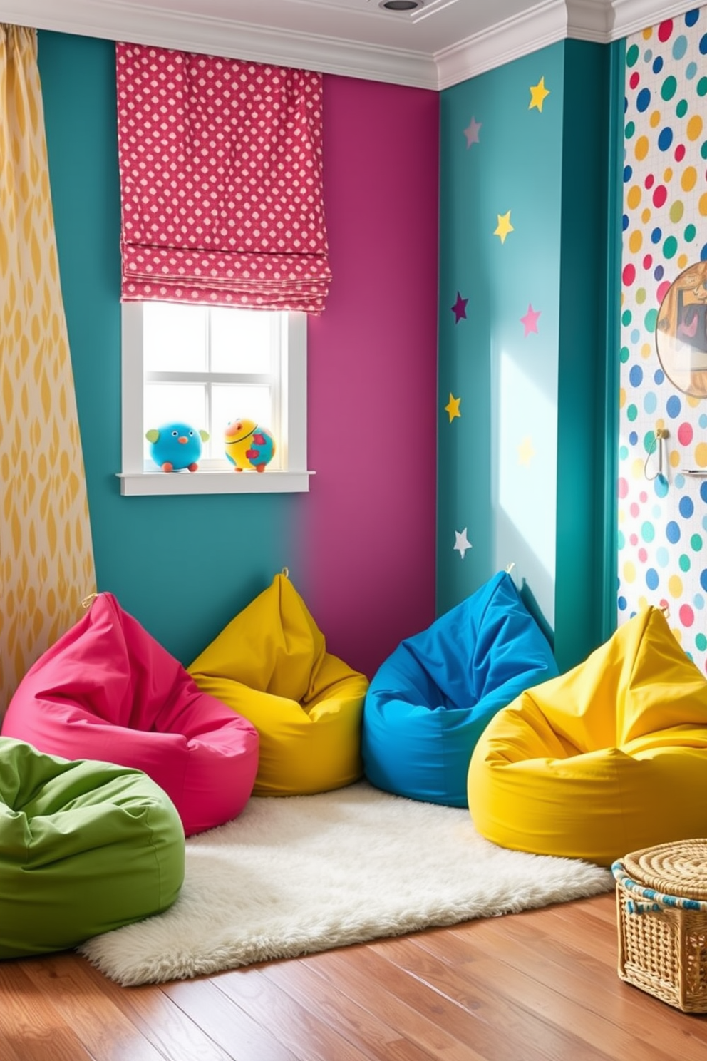 A playful kids bedroom featuring colorful bean bags arranged in a cozy corner for casual seating. The walls are painted in bright hues with fun patterns, and a soft rug lies beneath the bean bags to create a comfortable play area.