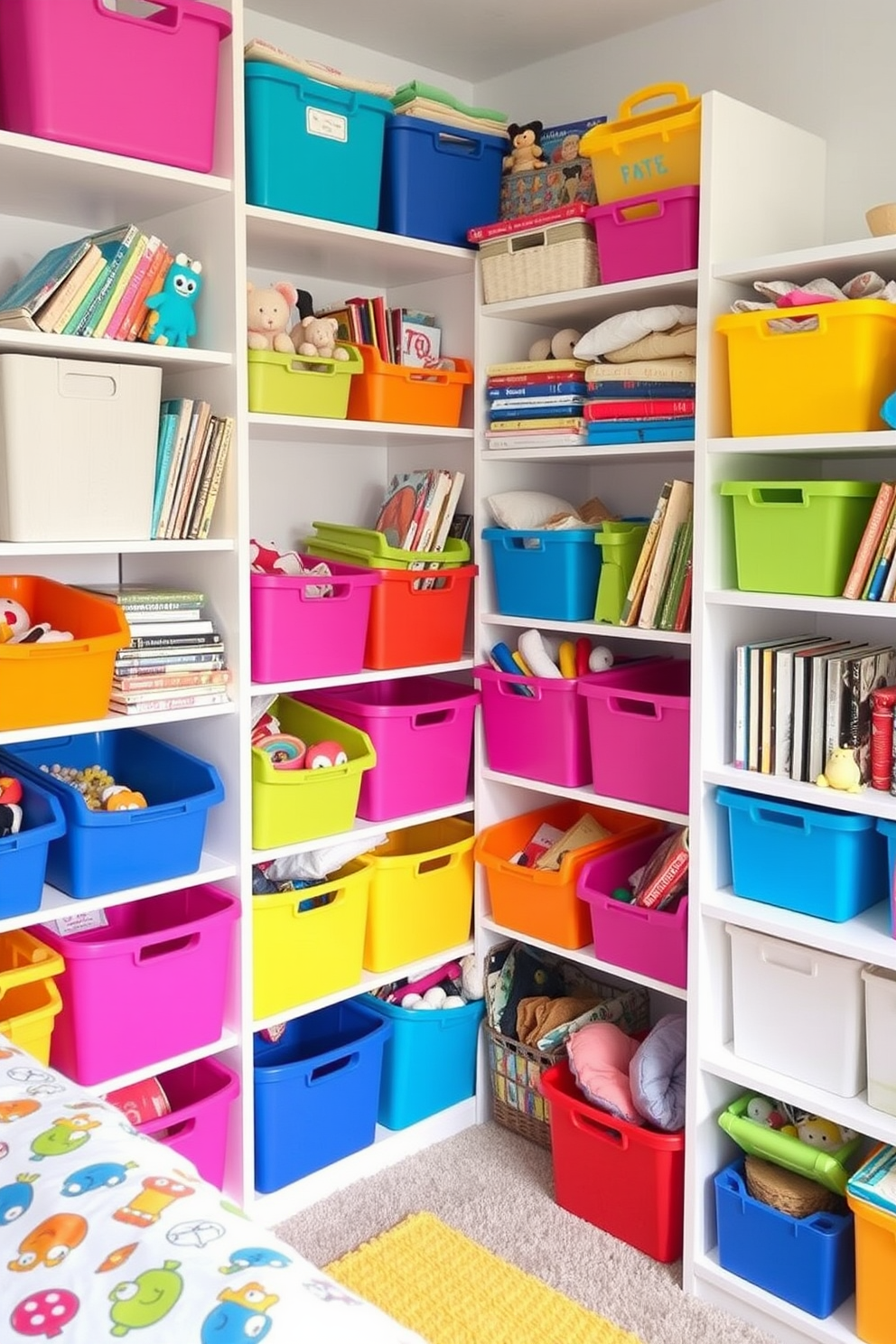 A vibrant kids bedroom filled with creative storage solutions. Colorful bins in various sizes are neatly arranged on shelves, providing fun and functional organization for toys and books.