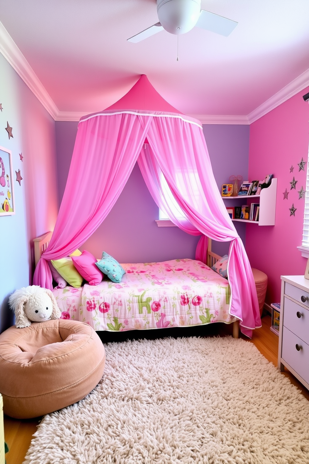 A cozy kids bedroom featuring a whimsical canopy draped over a comfortable bed adorned with colorful bedding. Soft, plush rugs cover the floor, and the walls are painted in cheerful pastel colors, creating a playful atmosphere. In one corner, a small reading nook with a beanbag chair and a bookshelf filled with storybooks invites relaxation. Fun decorative elements like wall decals of animals and stars add to the enchanting feel of the space.