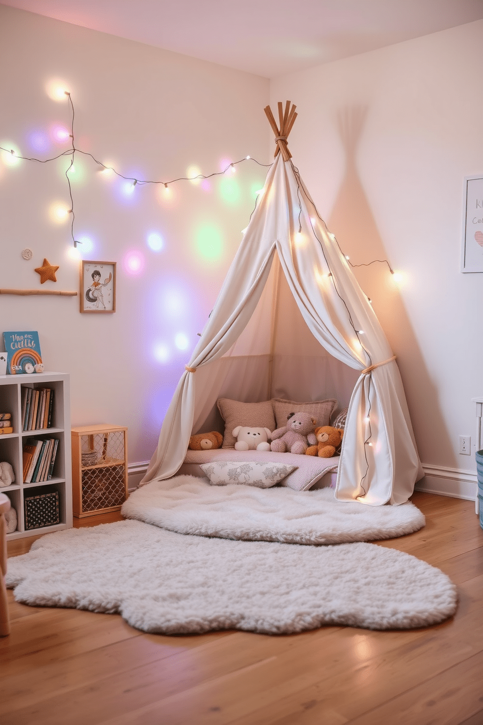 A whimsical kids bedroom featuring a cozy play tent set up in the corner, draped with colorful fairy lights to create a magical atmosphere. The walls are painted in a soft pastel hue, and plush rugs cover the wooden floor, inviting playful adventures and comfort. The tent is filled with cushions and stuffed animals, providing a perfect nook for reading and imaginative play. A small bookshelf nearby holds an array of children's books, while playful wall art adds character to the space.