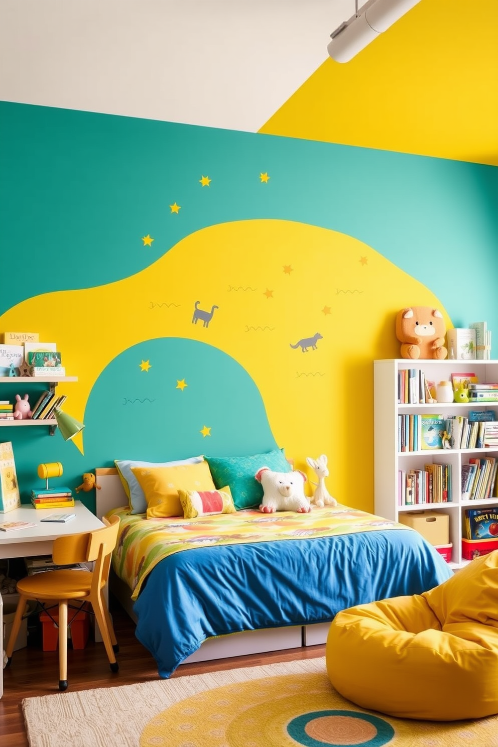 Bright accent walls create a playful and inviting atmosphere in a kids bedroom. The walls are painted in vibrant colors like teal and sunny yellow, complemented by whimsical wall decals featuring animals and stars. A cozy bed with colorful bedding sits against the accent wall, surrounded by plush toys and bookshelves filled with storybooks. Fun and functional furniture pieces, such as a desk for homework and a bean bag chair for reading, complete the lively space.