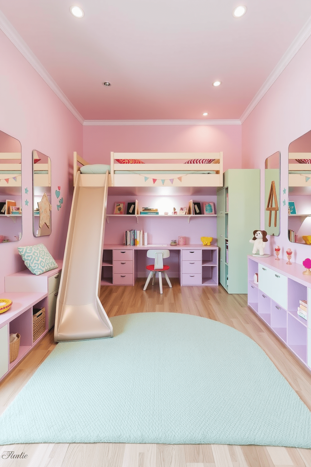 A bright and cheerful kids bedroom featuring a playful color palette of soft pastels. The room includes a loft bed with a slide, a cozy reading nook with colorful cushions, and large mirrors on opposite walls to enhance the sense of space. The walls are adorned with whimsical wall decals and there is a large rug in the center for playtime. A desk area with a fun chair encourages creativity, while storage solutions are integrated seamlessly to keep the room tidy and organized.