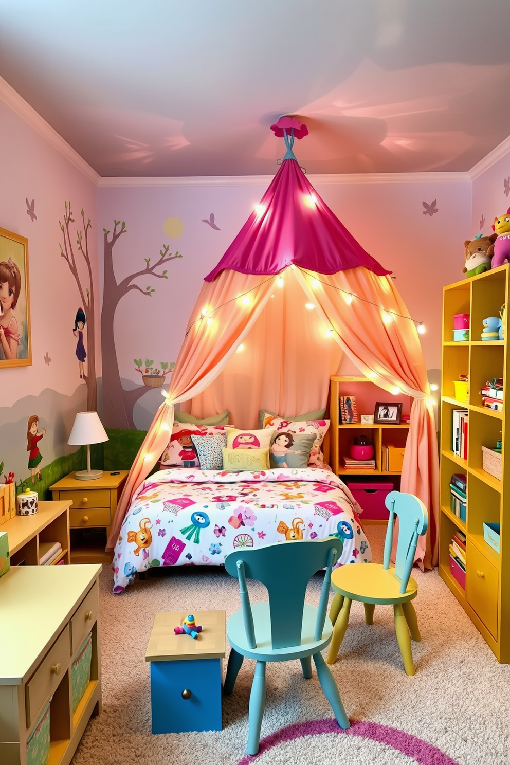 A whimsical kids bedroom inspired by beloved characters. The walls are painted in soft pastel colors featuring murals of playful scenes with the characters, and the bedding showcases vibrant prints that bring the theme to life. A cozy reading nook is created with a tent-like structure adorned with fairy lights and plush cushions. The furniture includes a colorful desk and chair set, perfect for arts and crafts, while shelves display toys and books related to the characters.