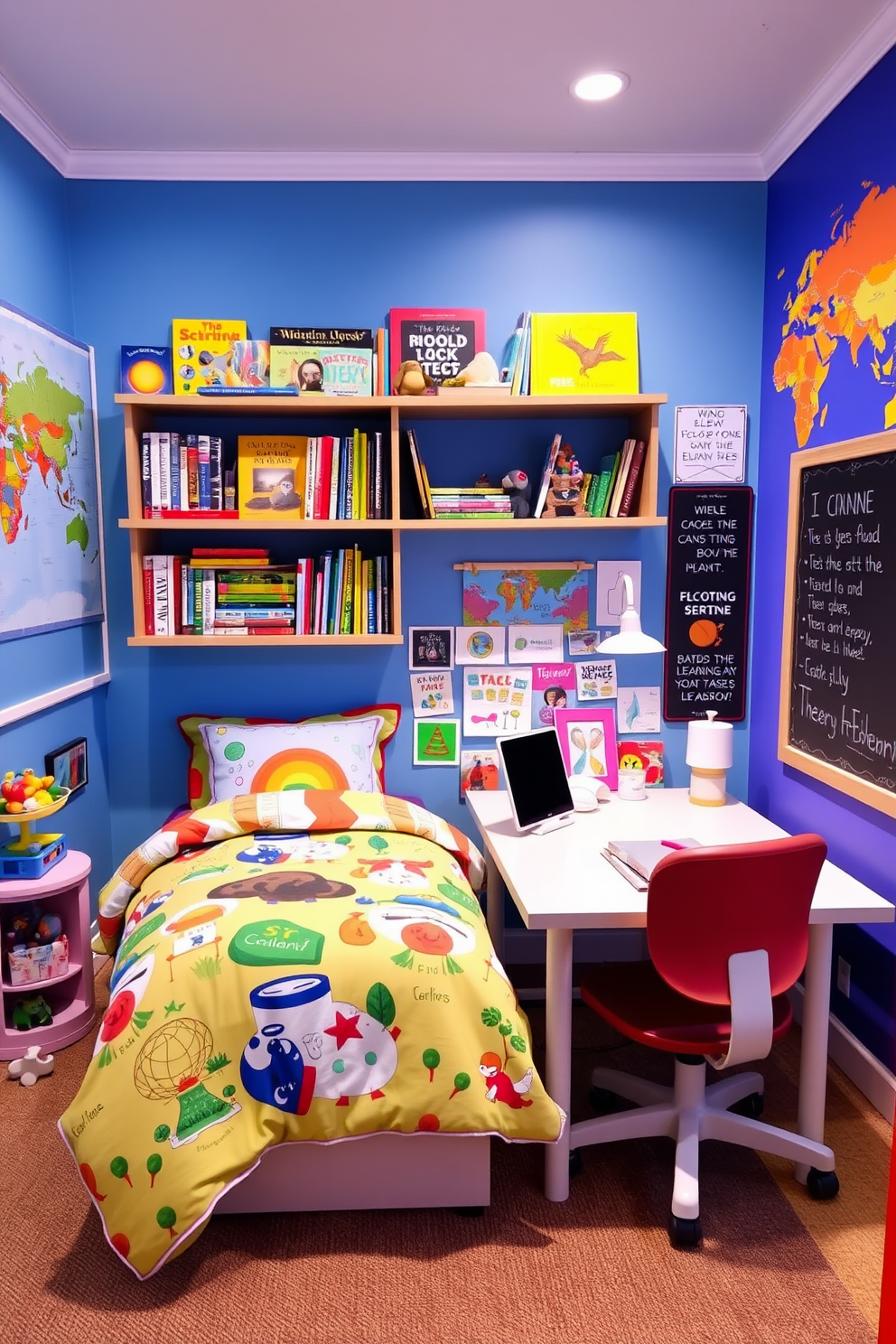 A vibrant kids bedroom designed for learning features a large wall-mounted bookshelf filled with colorful books and educational toys. The bedding is bright and playful, showcasing themes of science and nature, while a world map is displayed on one wall to inspire curiosity. A dedicated study area includes a small desk with ergonomic seating, surrounded by inspirational quotes and art. The walls are painted in cheerful colors, and a chalkboard or whiteboard is incorporated for interactive learning activities.