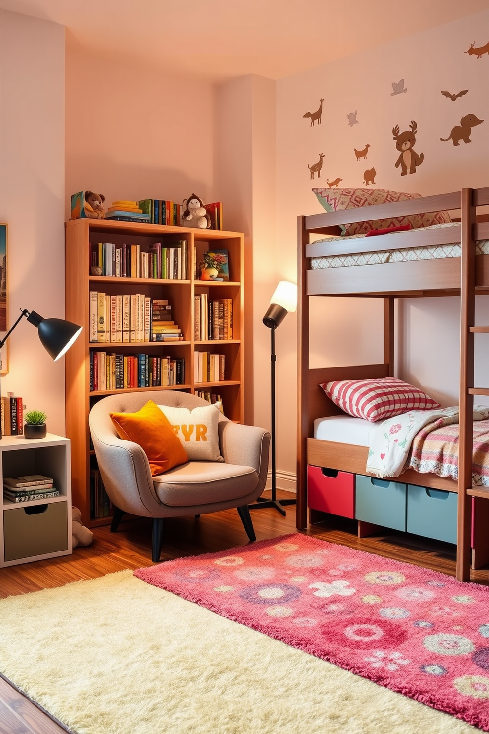 Cozy reading nook with soft cushions. A plush armchair is nestled in the corner, surrounded by a tall bookshelf filled with colorful books and soft lighting from a nearby floor lamp. Kids bedroom design ideas. The room features a playful color scheme with a bunk bed, a vibrant rug on the floor, and wall decals of whimsical animals to inspire creativity and fun.