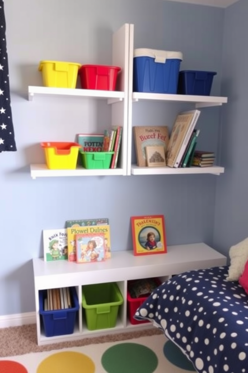 A playful kids bedroom featuring wall-mounted shelves for easy organization. The shelves are filled with colorful bins and books, creating a fun and functional space for play and learning.