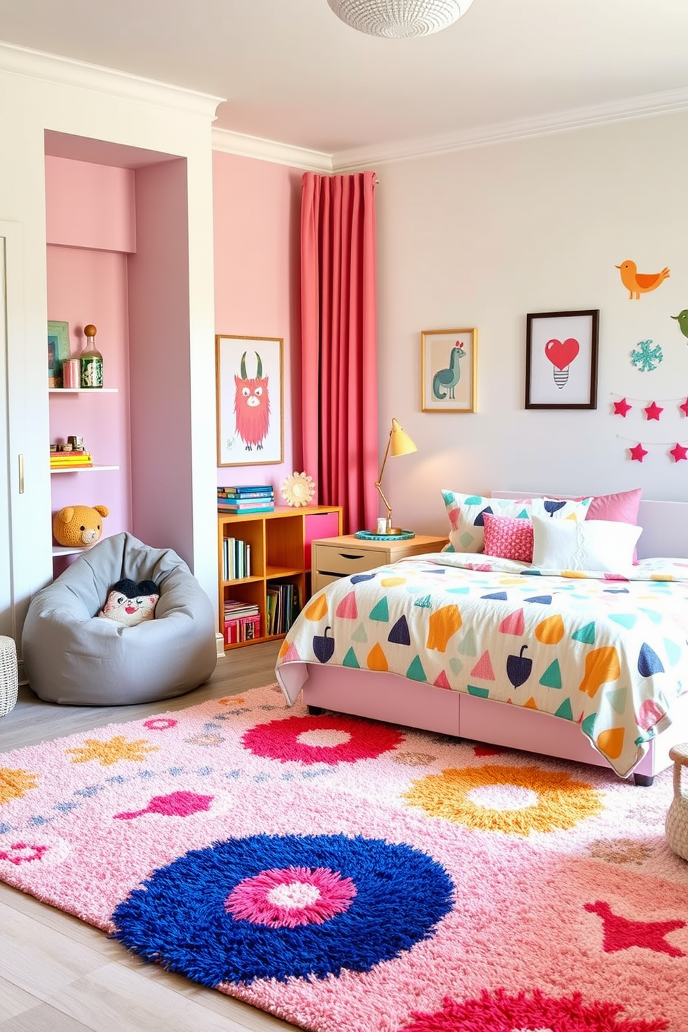 Bright rugs to add warmth and texture in a kids bedroom. The room features playful colors with a mix of soft pastels and vibrant accents, creating a cheerful atmosphere. A cozy bed with a colorful duvet sits against the wall, surrounded by whimsical wall art. In one corner, a small reading nook with a plush bean bag and a bookshelf invites imaginative adventures.