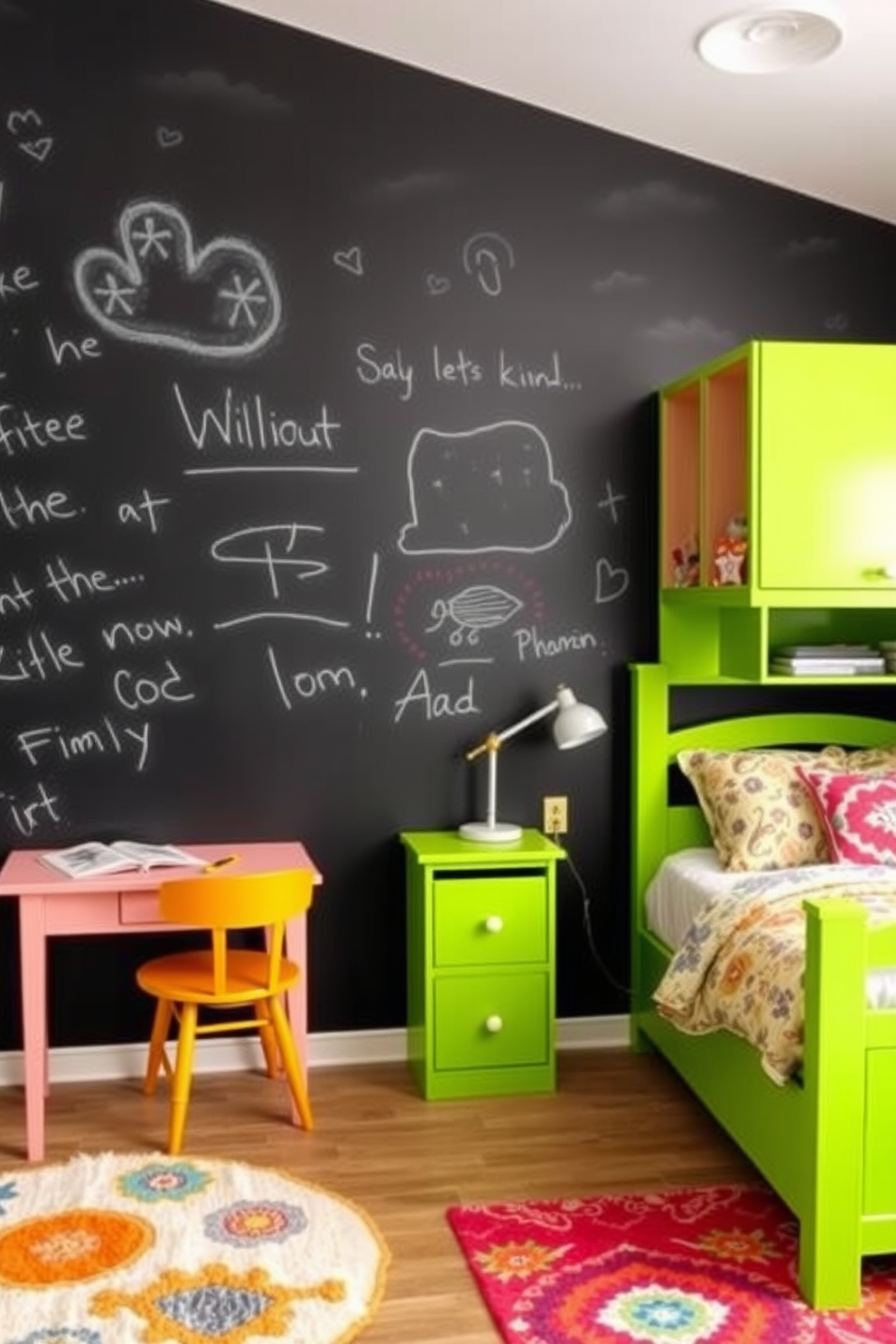 A creative chalkboard wall fills one side of the kids bedroom, inviting endless artistic expression and play. The wall is painted with a durable chalkboard paint, allowing children to draw and write freely with colorful chalks. Brightly colored furniture complements the playful atmosphere, including a cozy bed with fun bedding and a small desk for homework. Soft rugs in vibrant patterns add warmth and comfort to the space, making it a perfect retreat for creativity and relaxation.