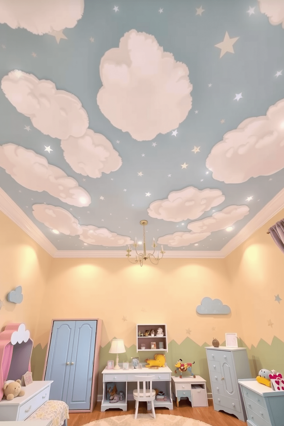 A whimsical kids bedroom featuring a ceiling design adorned with fluffy clouds and twinkling stars. The walls are painted in soft pastel colors, and playful furniture pieces create a cheerful atmosphere.