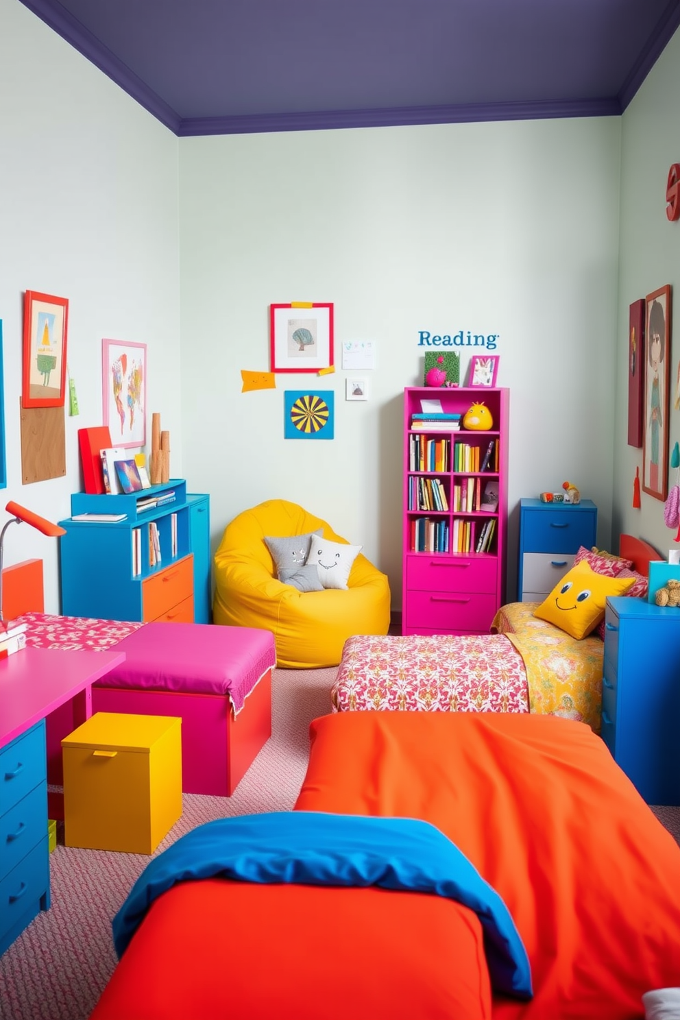 Brightly colored furniture fills the room, creating a cheerful and playful atmosphere. The walls are painted in a soft pastel shade, complementing the vibrant hues of the beds, desks, and storage units. A cozy reading nook is set up in one corner, featuring a bean bag chair and a small bookshelf filled with colorful books. Fun wall art and playful decor items add personality and whimsy to the overall design.