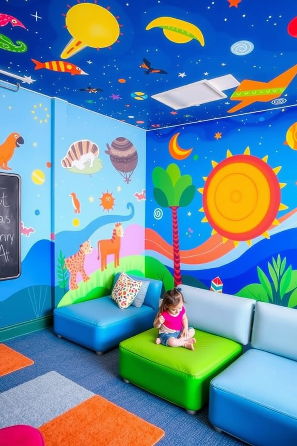 Bright colorful wall murals that ignite imagination and creativity. The room features playful designs with vibrant colors, including animals, space themes, and abstract patterns. Soft, comfortable seating areas are arranged for relaxation and play. Interactive elements like chalkboards or magnetic walls enhance the fun and engagement for children.