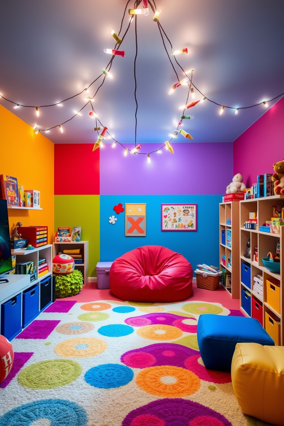 A vibrant kids game room filled with playful energy. The walls are painted in bright primary colors, and the floor is covered with a soft, colorful area rug. Fun lighting fixtures like string lights are draped across the ceiling, creating a whimsical atmosphere. A large bean bag chair sits in one corner, surrounded by shelves filled with games and toys.