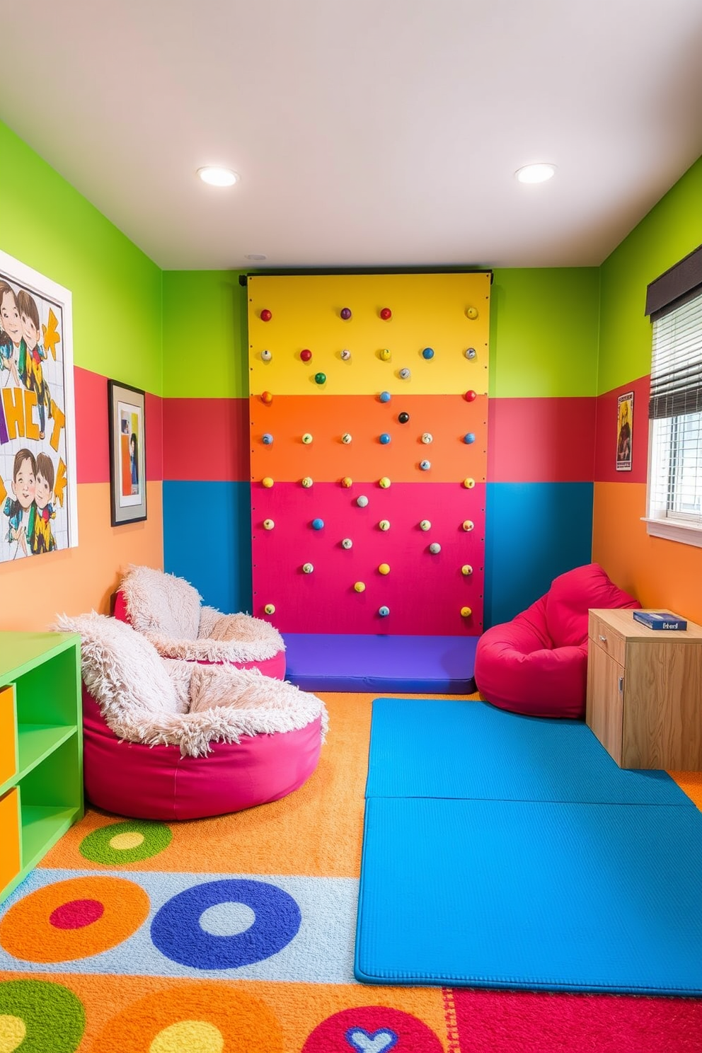 A vibrant kids game room featuring a miniature indoor climbing wall that encourages active play. The walls are painted in bright colors, and soft mats are placed below the climbing area for safety. In one corner, plush bean bags are arranged for relaxation after climbing. A colorful rug with playful patterns adds warmth to the space, creating an inviting atmosphere for children.