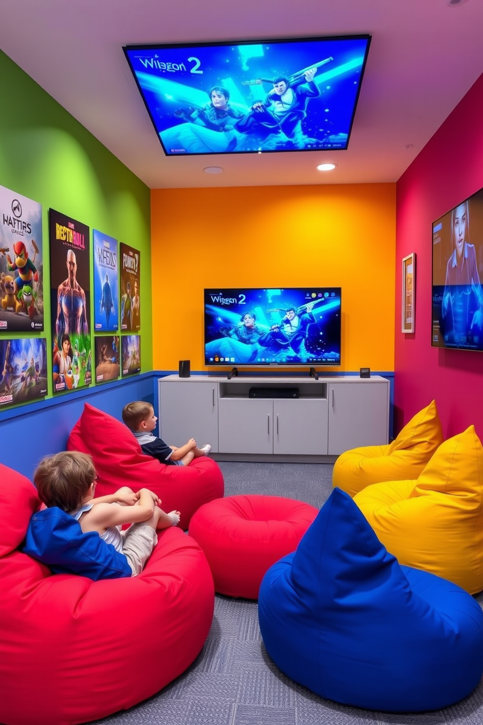 A vibrant video game corner designed for kids features a cozy bean bag seating arrangement in bright colors. The walls are adorned with posters of popular video games, and a large TV is mounted for immersive gaming experiences.