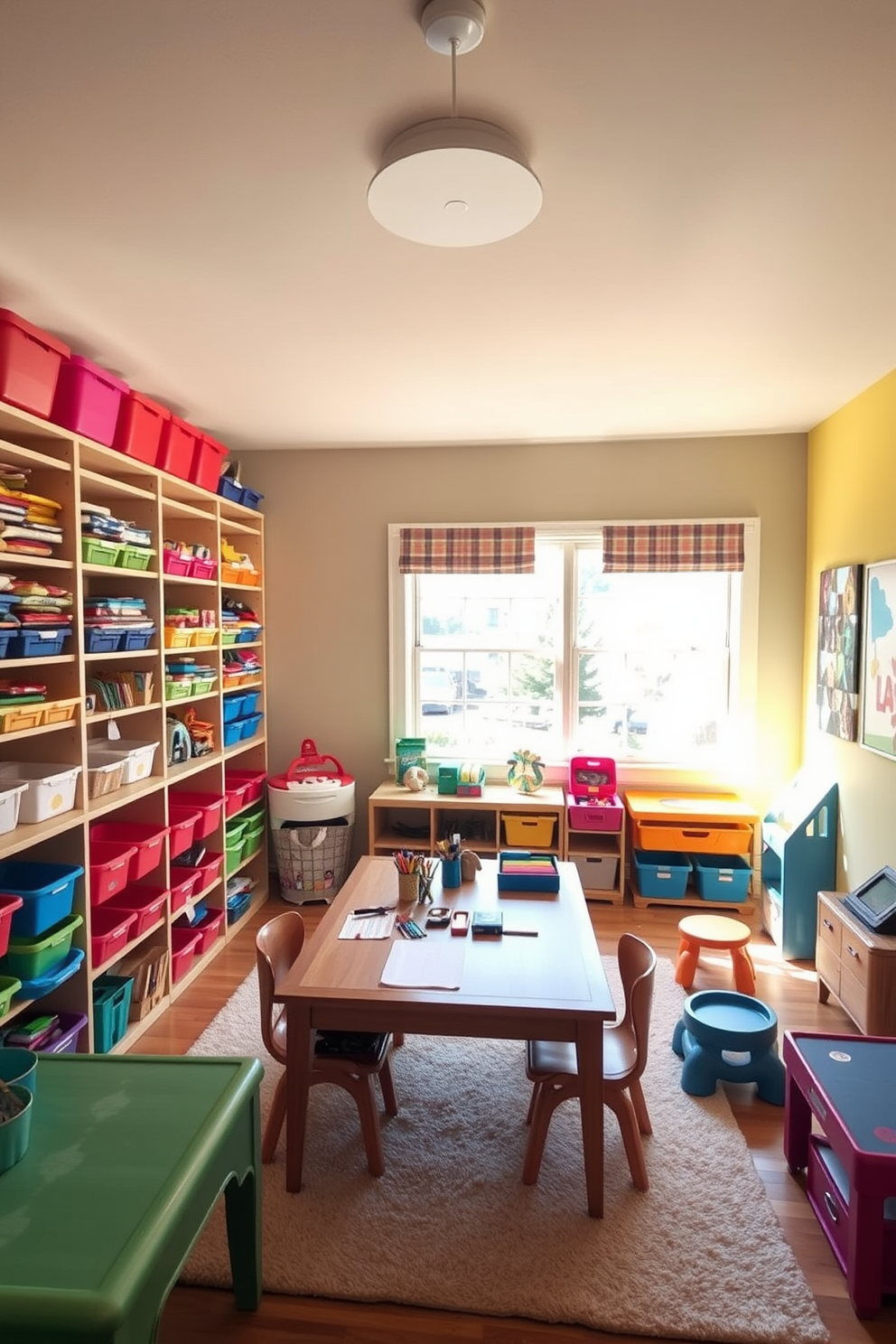 A cozy craft corner featuring an organized array of colorful supply bins neatly arranged on open shelving. A large work table sits in the center, adorned with various crafting tools and a bright window allowing natural light to illuminate the space. A vibrant kids game room designed with playful furniture and interactive elements. The walls are painted in cheerful colors, and a soft rug covers the floor, providing a comfortable area for kids to play and explore.