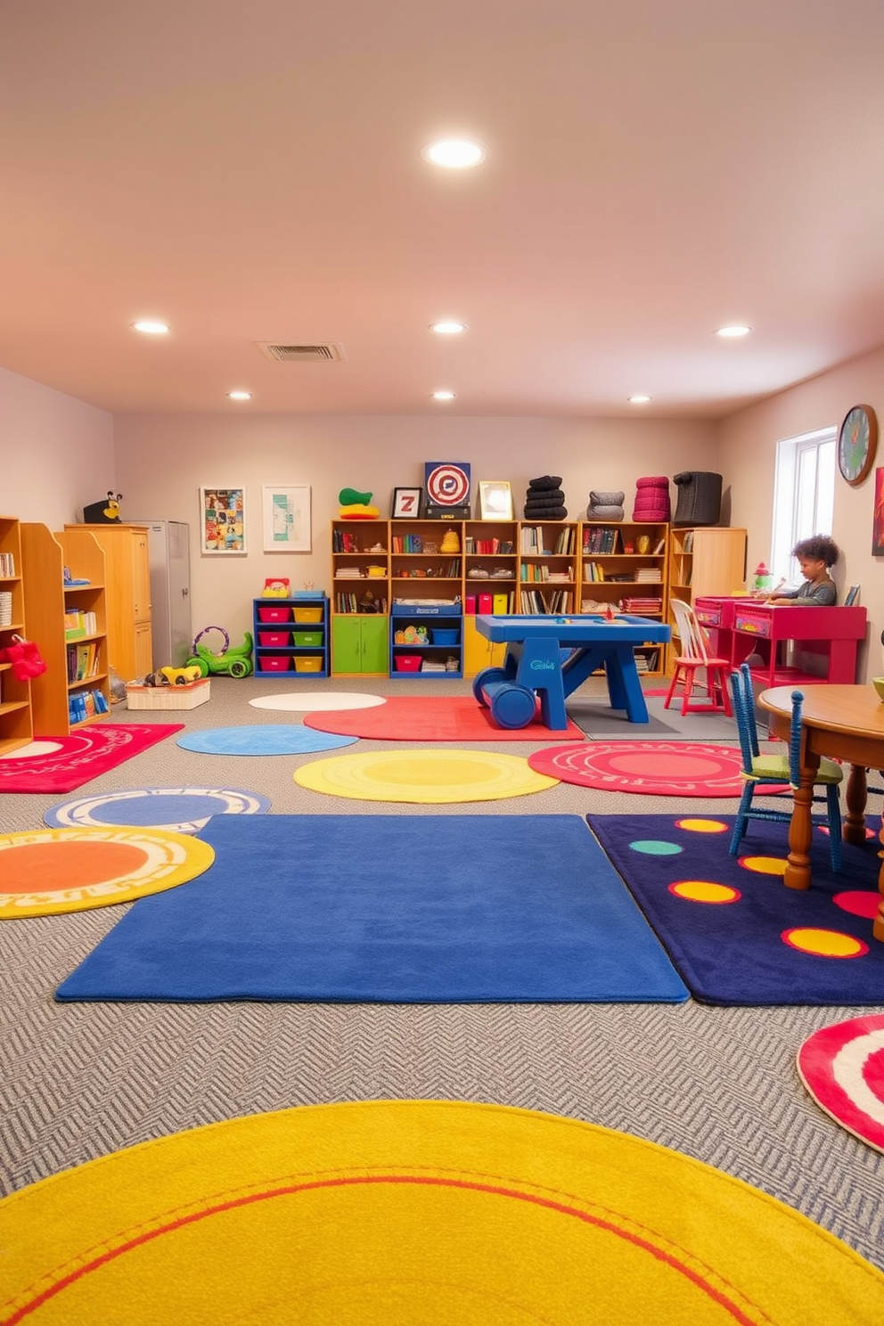 A vibrant kids game room filled with playful energy. Colorful rugs in various shapes and patterns define distinct play areas, creating a fun and inviting atmosphere.