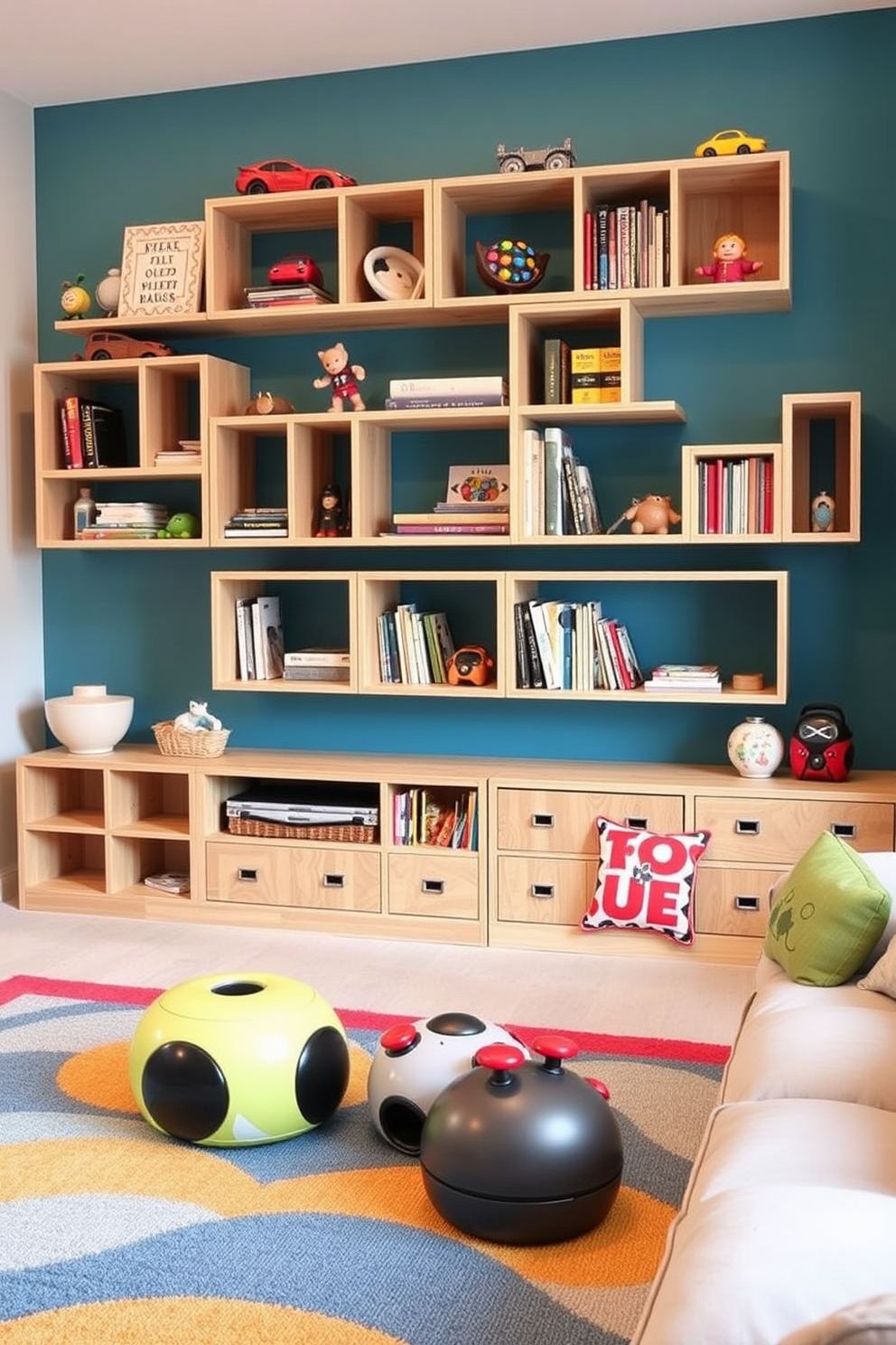 Creative wall shelves for display and storage. The shelves are made of light wood and feature a mix of open and closed compartments for toys and books. Kids game room design ideas. The room includes a vibrant color palette with a large play area rug and comfortable seating for gaming and relaxation.