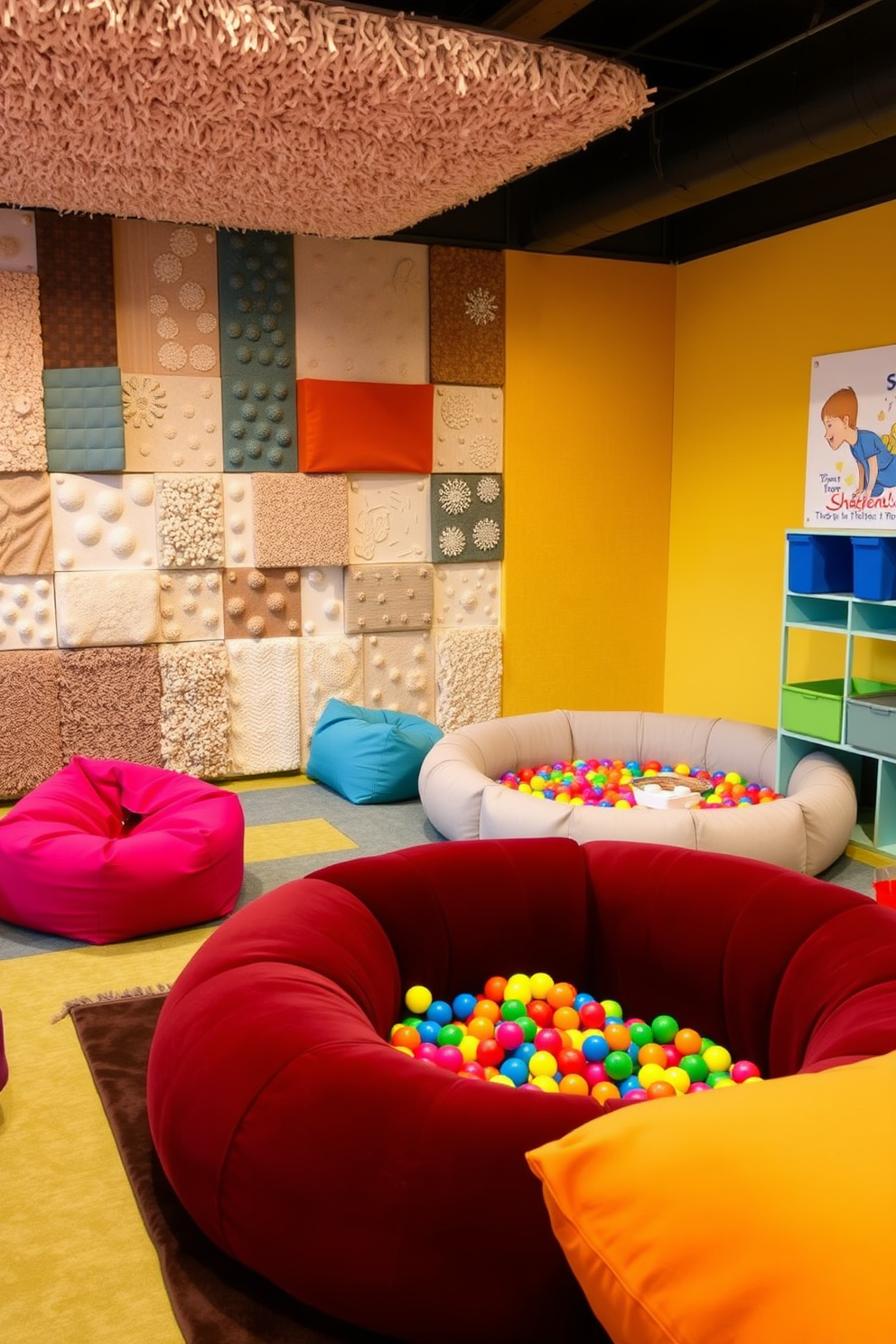 A sensory play zone designed for children featuring a variety of textures. The room includes soft rugs with different fabrics, a wall covered in tactile panels, and a colorful ball pit. Brightly colored bean bags and oversized cushions create a comfortable seating area. Interactive wall art and sensory bins filled with various materials encourage exploration and play.